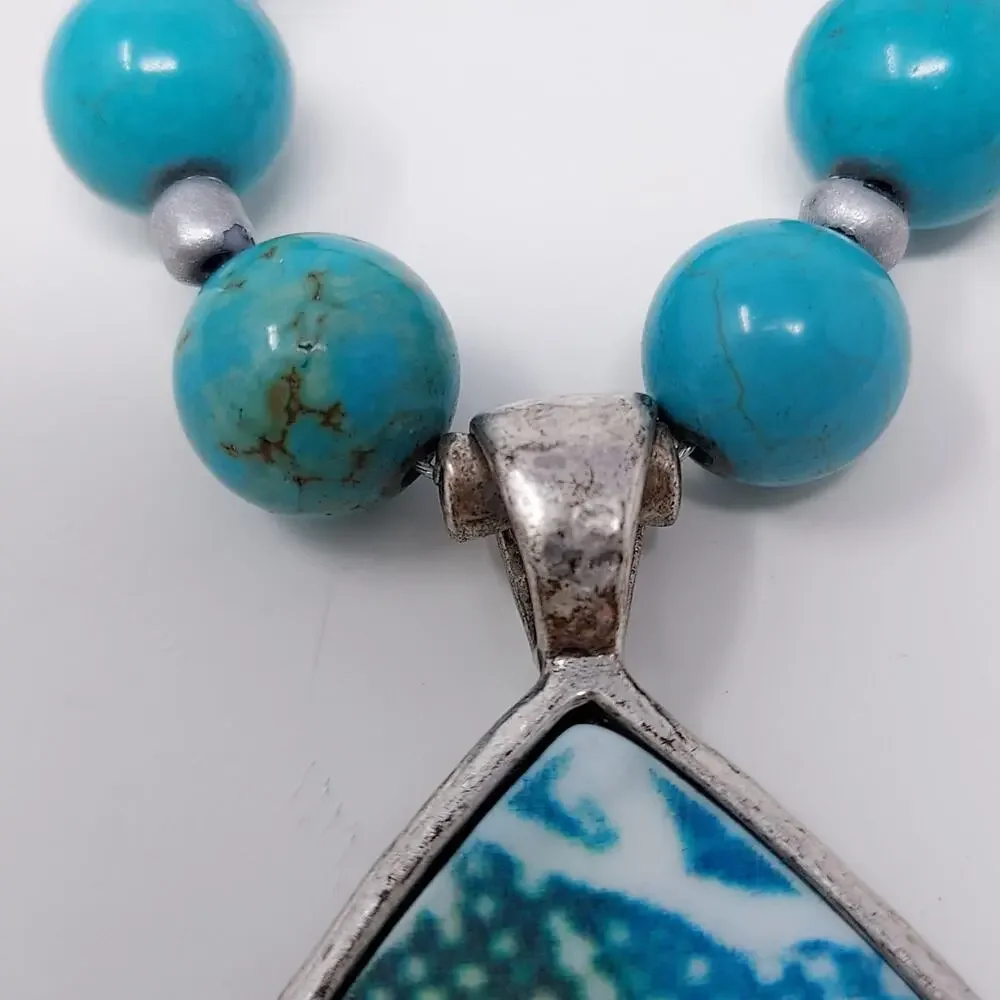 Coldwater Creek Genuine Stone Necklace Reversible Pendant Aqua Silver Tone NWT